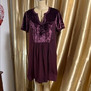 Velvet Panel Short Sleeve Burgundy Dress